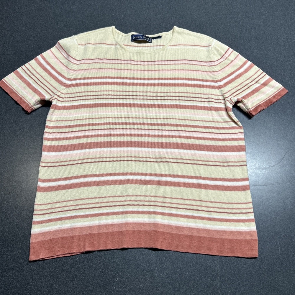 Laura Scott Knit T-Shirt Women M Orange Striped Crew Neck Short Sleeve Rayon Top